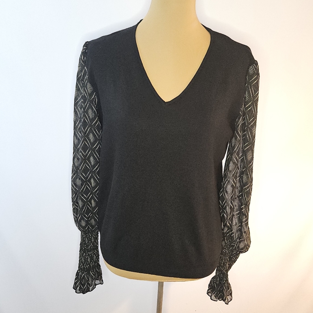 MARINA Black Blouse with Sheer Patterned Sleeves - 4